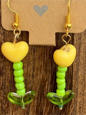 Yellow & Lime Heart Drop Earrings - Handmade Women Jewelry